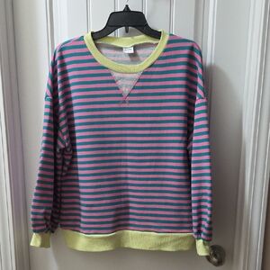 Striped Pink and Green Women's Crew Neck Sweater